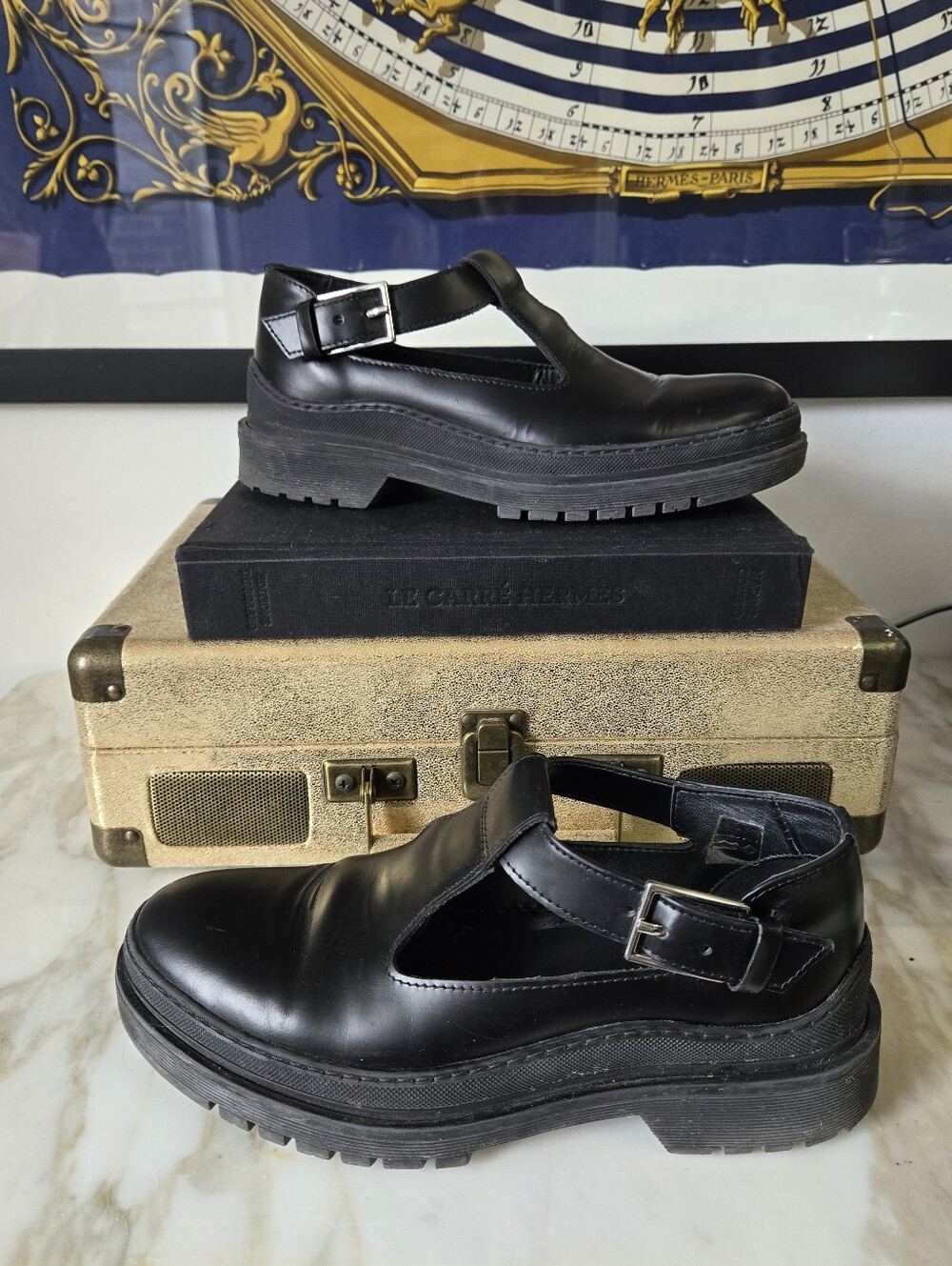 WANT Les Essentiels Black Leather T-Strap Lug Sole Shoes